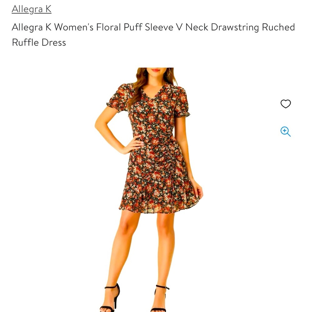 Allegra K Women's Floral Puff Sleeve V Neck Drawstring Ruched Raffle Dress, Sz M